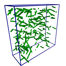 POV-ray rendering of rod-like particles diffusing in 3D (click to animate)